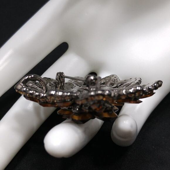 Vintage Floral Light Dark Topaz Rhinestones Brooch Pendant Combo, 1990s, 2 Inch - Picture 5 of 7